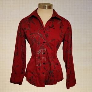 Y2K Red Bamboo Print Button Front Blouse Additions by Chico's Size 0 (6-8)